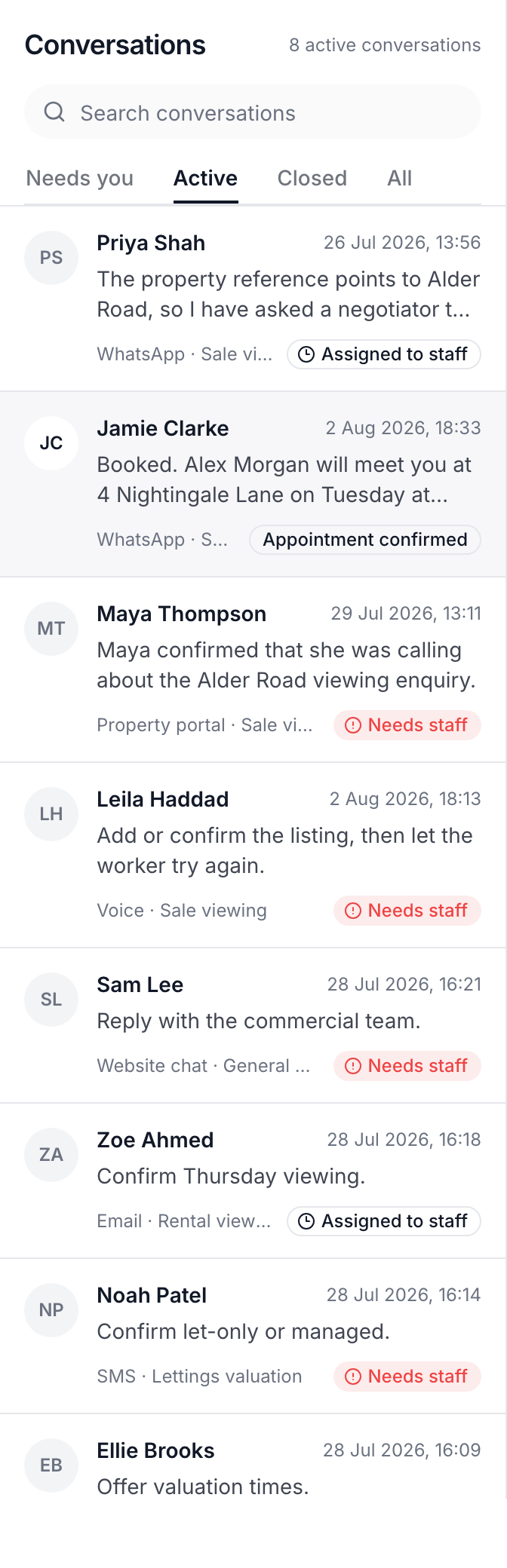 Sortx conversation worklist combining WhatsApp, property portal, voice, website, email and SMS enquiries