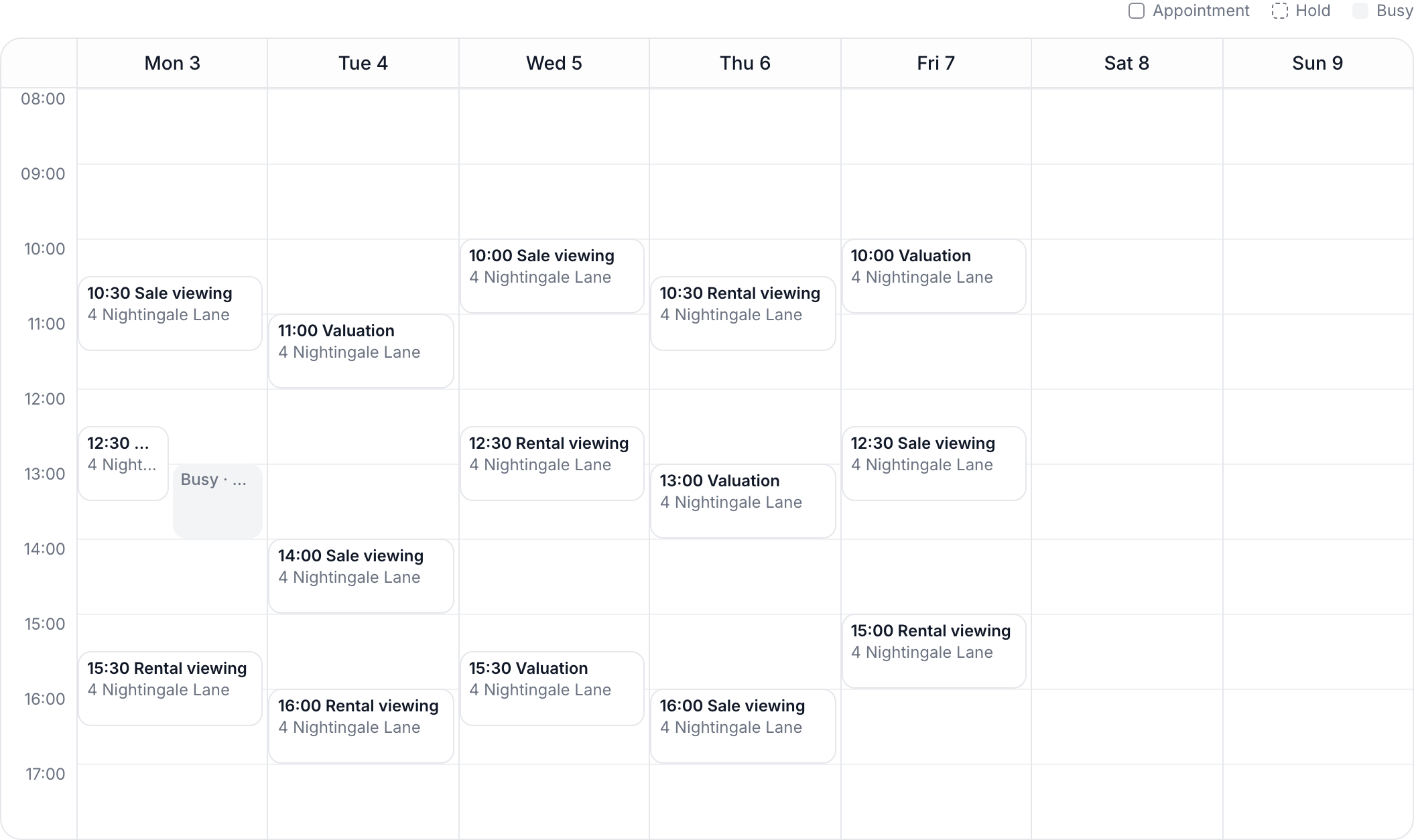 Sortx weekly diary showing viewings, valuations, a live hold and connected-calendar busy time