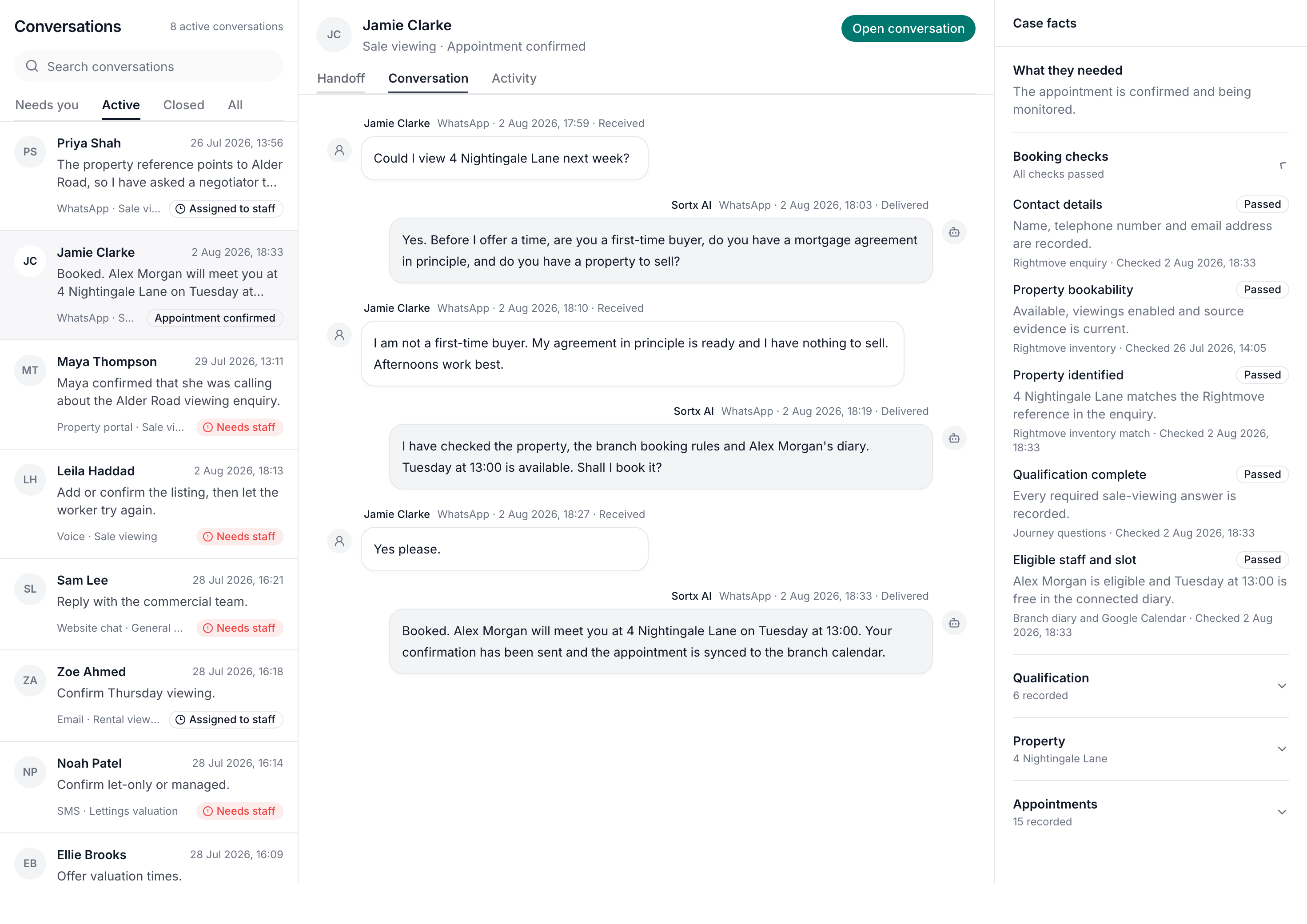 Sortx successfully qualifying and booking Jamie Clarke's viewing, with the live conversation and booking evidence visible together